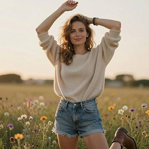 Photograph of a smiling woman with wavy brown hair, wearing a beige knit sweater and denim shorts, standing in a sunlit meadow with colorful