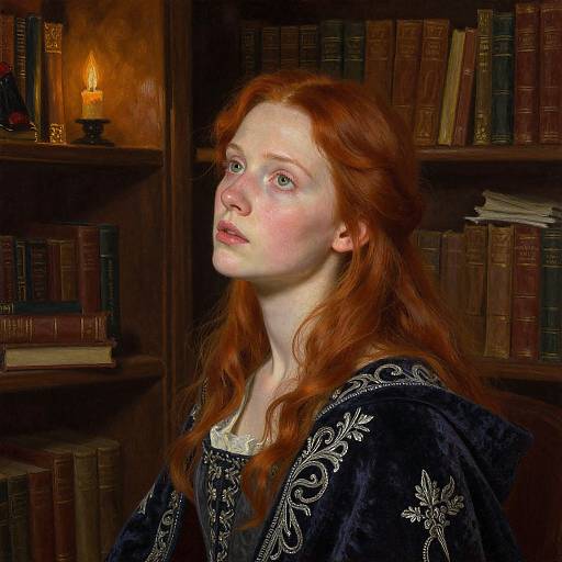 Photorealistic painting of a pale-skinned, red-haired woman with freckles, wearing an ornate black velvet dress, gazing upward in