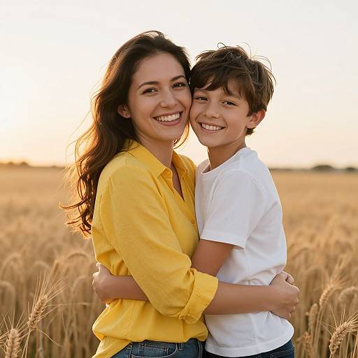 Photograph of a smiling woman with long dark hair in a yellow shirt, hugging a smiling young boy with brown hair in a white t-shirt,