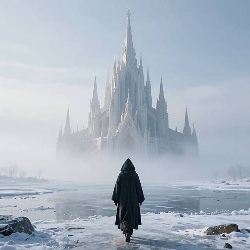 Lone Cloaked Figure Approaches Ethereal Castle