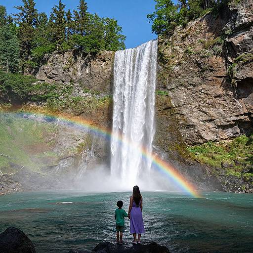 Serene Waterfall with Rainbow and Figures