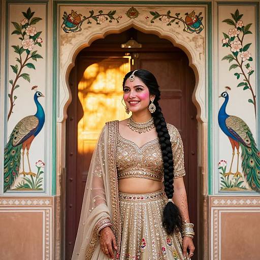 Photograph of a smiling Indian woman with long black braid, wearing gold embroidered traditional attire, standing in front of ornate peacock-adorned