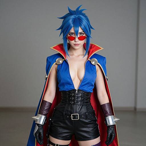 Digital cosplay photograph of a blue-haired woman with red sunglasses, red-and-blue cape, low-cut blue shirt, black shorts, and spiked gloves.