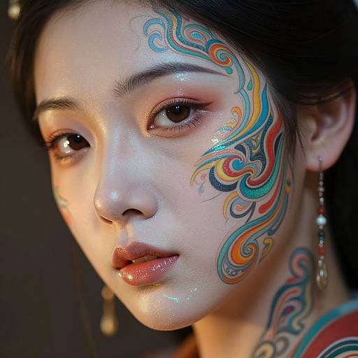 Close-up photograph of an East Asian woman with intricate, colorful swirl tattoos on her face and neck, glistening skin, dark hair, and subtle makeup