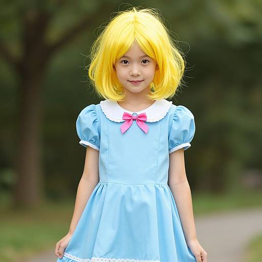 Photograph of a young girl with bright yellow wig, wearing a light blue Alice in Wonderland-style dress with white collar and pink bow, standing in a