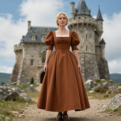 Photograph of a blonde woman in a brown, puffed-sleeve, Victorian-style dress standing in front of a stone castle on a rocky path