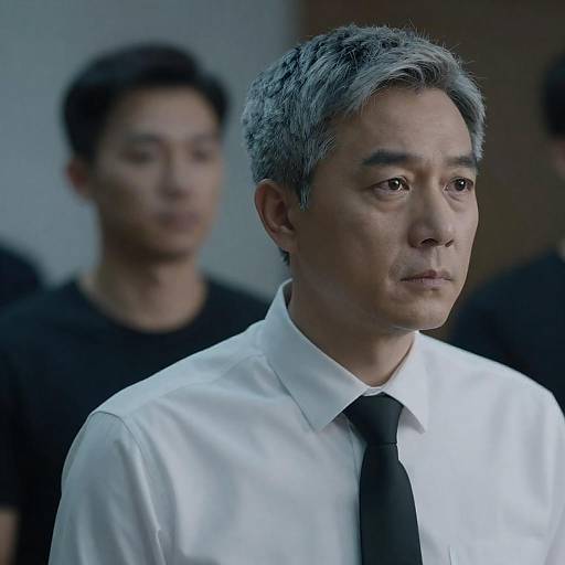 Photograph of an Asian man with gray hair, serious expression, wearing a white shirt and black tie, slightly blurred background man.