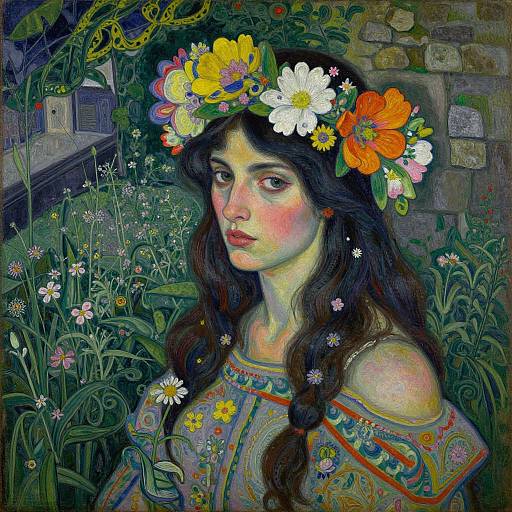 Digital painting of a fair-skinned woman with long, dark braided hair, wearing a vibrant flower crown and embroidered dress, standing amidst a lush garden