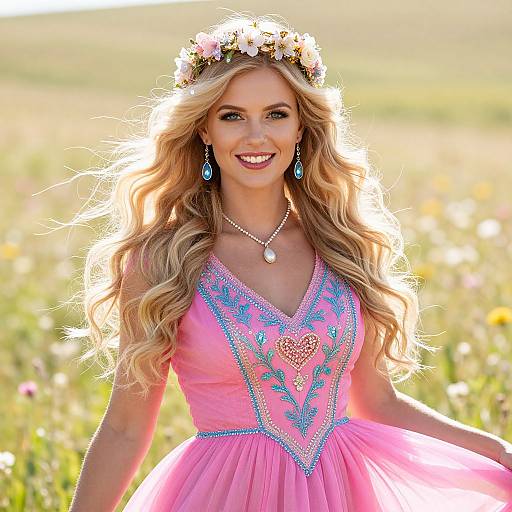 Blonde Woman in Floral Meadow Dress