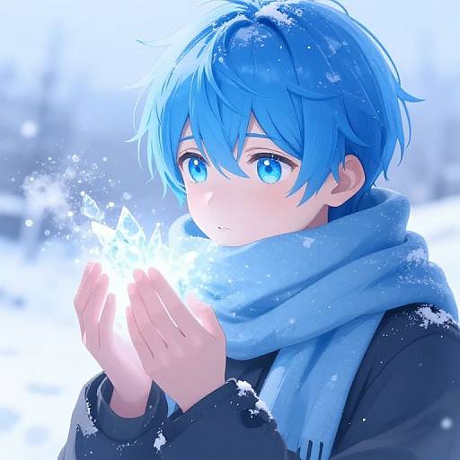 Anime-style digital drawing of a blue-haired boy with bright blue eyes, holding glowing snowflakes, wearing a light blue scarf and black coat, against