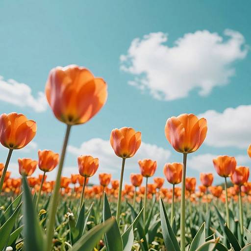 Photograph of vibrant orange tulips in a field under a bright blue sky with fluffy white clouds, capturing a sunny spring day.