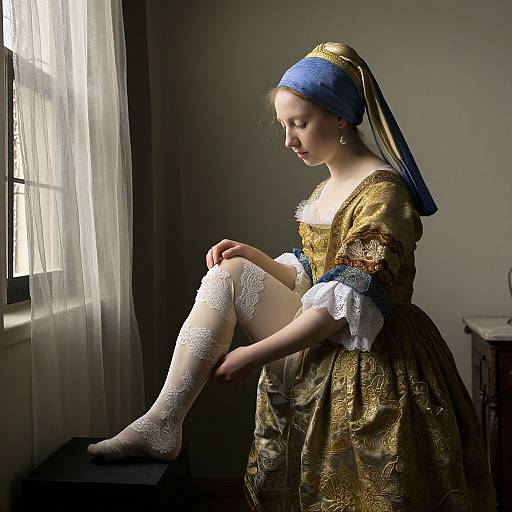 Photograph of a young woman in 17th-century Baroque attire, with blue headscarf, gold dress, white lace stockings, standing by