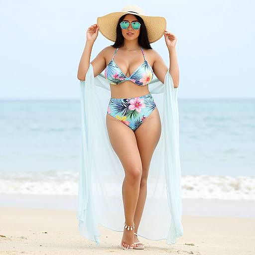 Photograph of a curvy woman with light brown skin, wearing a colorful floral bikini, straw hat, and reflective sunglasses, standing on a bright,