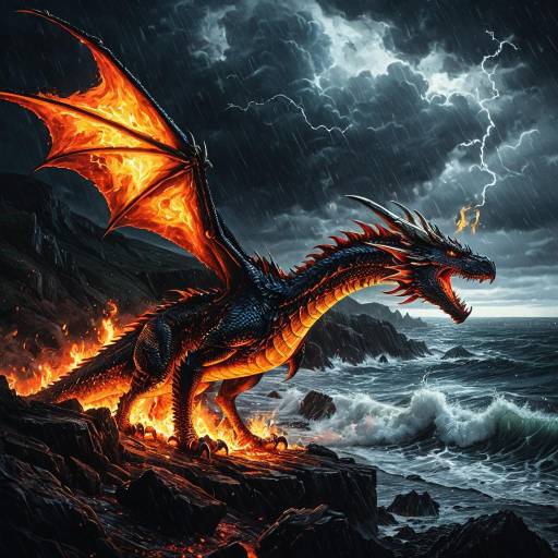 Fiery Wyvern on Stormy Coastline Fiery Wyvern on Stormy Coastline