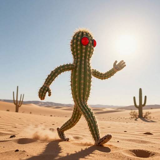 Digital artwork of a spiky, green cactus with red eyes walking in a bright desert under a clear blue sky. Sunlight casts sharp shadows.