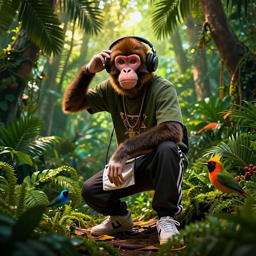 Photograph of a anthropomorphized monkey in headphones, green shirt, black pants, white sneakers, and necklace, crouching in lush jungle