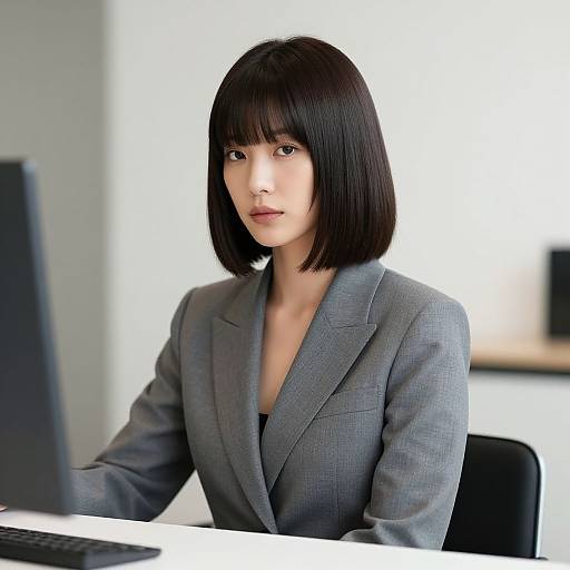 Photograph of an East Asian woman with straight black bob haircut, wearing a gray blazer, sitting at a desk with a laptop, in a modern