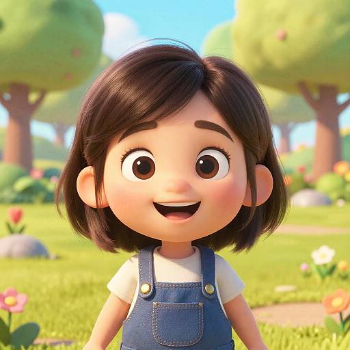 CGI image of a cute, smiling young girl with black bob hair in blue denim overalls, set in a bright, colorful, sunny park.