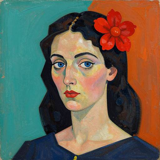 Oil painting of a fair-skinned woman with blue eyes, red lips, black wavy hair, and a red flower, set against teal and orange