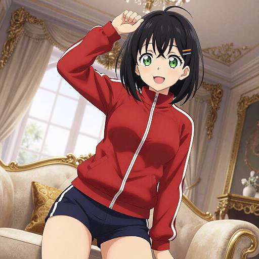 Anime-style illustration of a cheerful, green-eyed girl with short black hair, wearing a red track jacket and black shorts, waving in an ornate,