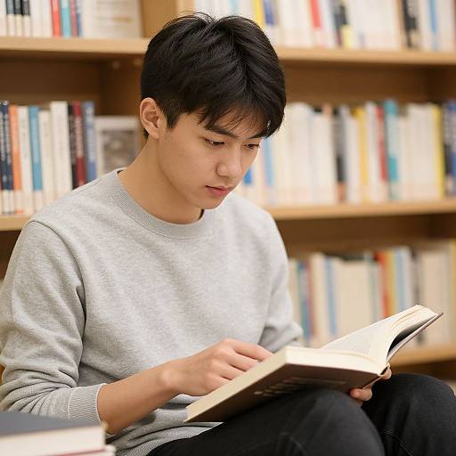 Young Man Reading in Cozy Library