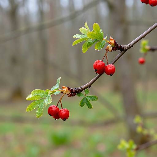 Close-up photograph of a tree branch with bright red cherries and fresh green leaves, set against a blurred forest background.