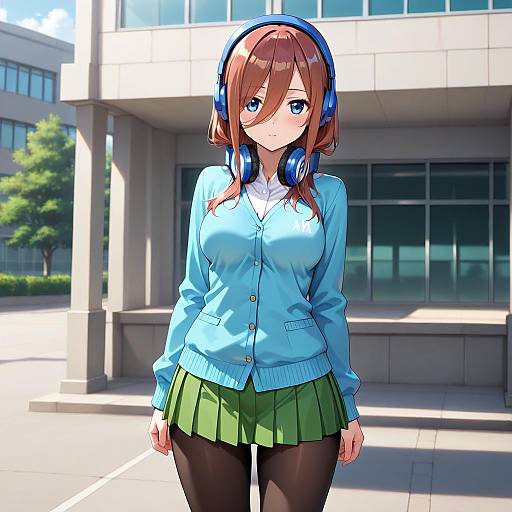 Nakano Miku in Blue Cardigan Outdoors