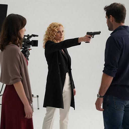 Film Scene: Blonde Woman Points Gun