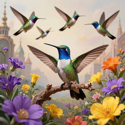 Photograph of vibrant hummingbirds with iridescent blue-green feathers, hovering around colorful flowers in a magical, castle-filled garden.