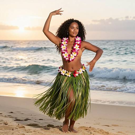 Photograph of a topless Black woman with curly hair, wearing a floral lei and grass skirt, dancing on a beach at sunset with waves in the