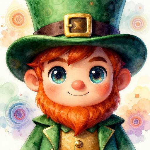 Colorful digital drawing of a cute, chubby leprechaun with large blue eyes, red beard, green hat, and coat, smiling against a