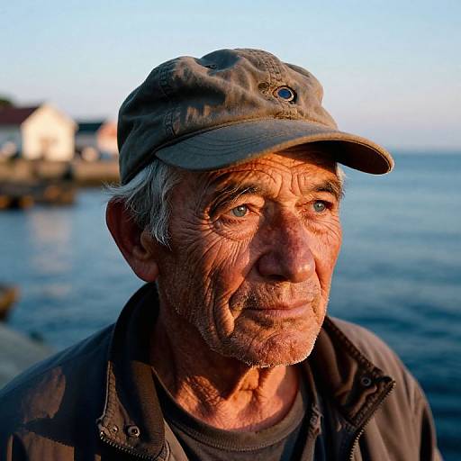 Photograph of an elderly man with weathered skin, gray hair, and blue eyes, wearing a green cap and jacket, against a blurry coastal background