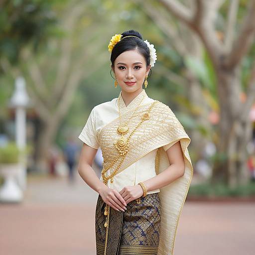 Photograph of an elegant Asian woman with black hair, yellow flower, gold jewelry, white and gold traditional dress, standing outdoors.