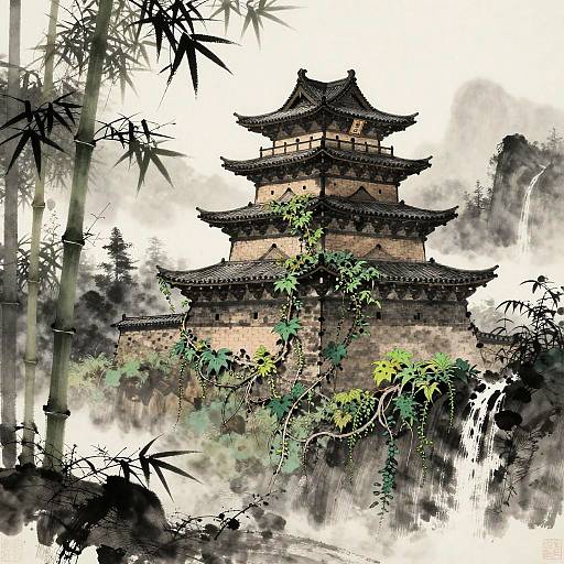 Samurai Fortress in Misty Bamboo Forest