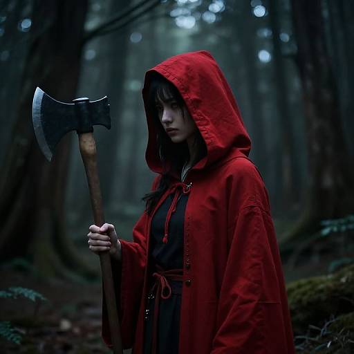 Photograph of a serious young woman in a red hooded cloak holding an axe in a dark, misty forest.
