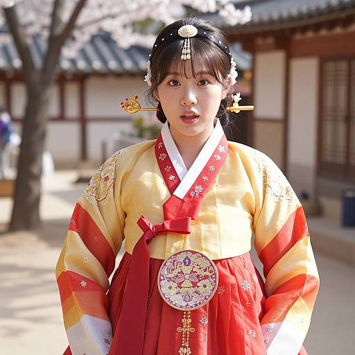 Photograph of a young East Asian woman in traditional yellow and red Korean hanbok, adorned with floral embroidery and a large circular brooch, standing