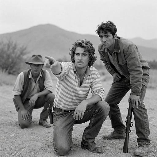 Intense Men in Rugged Desert Landscape