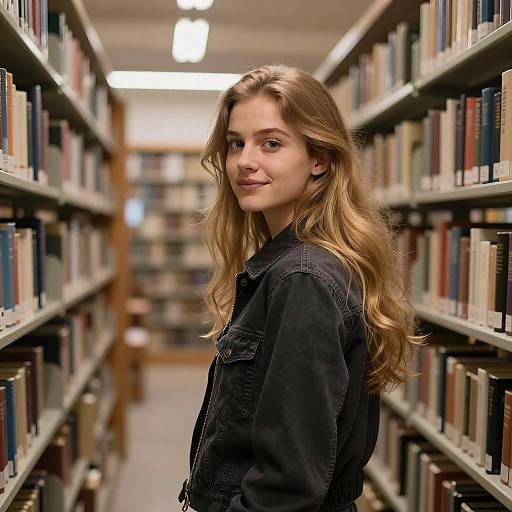Young Woman in Dim Library
