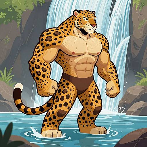 Muscular Anthropomorphic Leopard at Waterfall