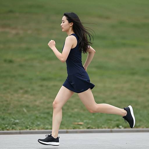 Photograph of a young Asian woman with long black hair, running in a black sleeveless dress and black sneakers, on a paved path in a green