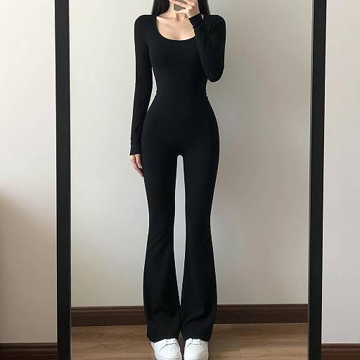 Woman in Black Long-Sleeve Jumpsuit with White Sneakers