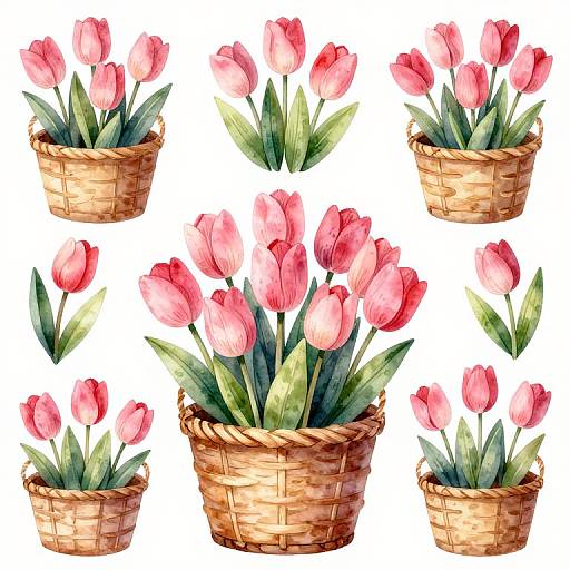 Watercolor illustration of eight pink tulips in woven wicker baskets, each basket filled with green leaves, set against a white background.
