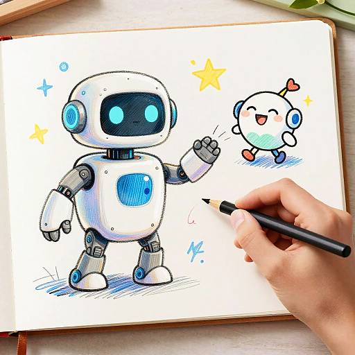 Whimsical AI Robot Sketching Scene