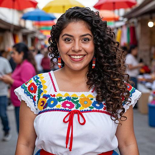 Photograph of a smiling young woman with curly dark hair, wearing a white blouse with colorful embroidery and red ribbon, standing in a vibrant, crowded outdoor