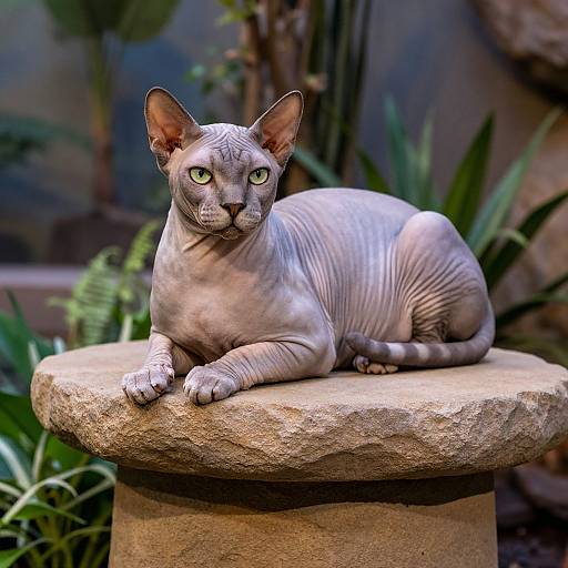 Photograph of a sleek, gray, short-haired Cornish Rex cat with large ears and green eyes, lounging on a round stone pedestal in a