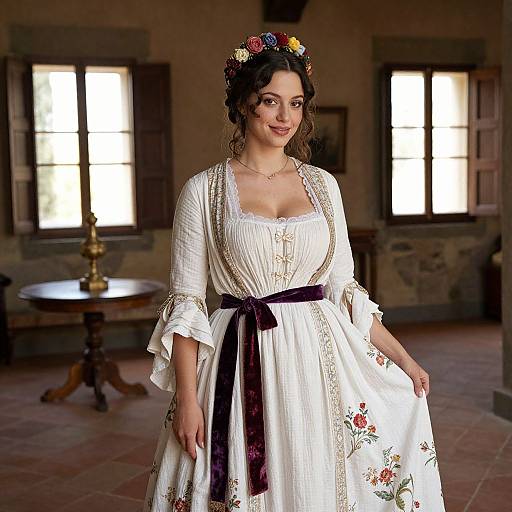 Photograph of a woman with curly brown hair, wearing a white floral dress with a purple sash, flower crown, standing in a warmly lit,
