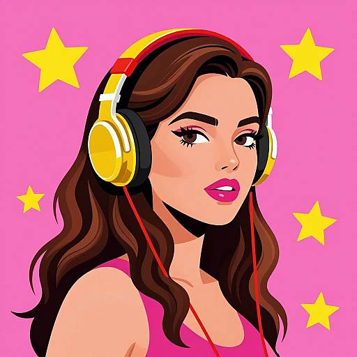 Digital illustration of a fair-skinned woman with long brown hair, wearing yellow headphones, pink tank top, and pink lipstick, against a bright pink background