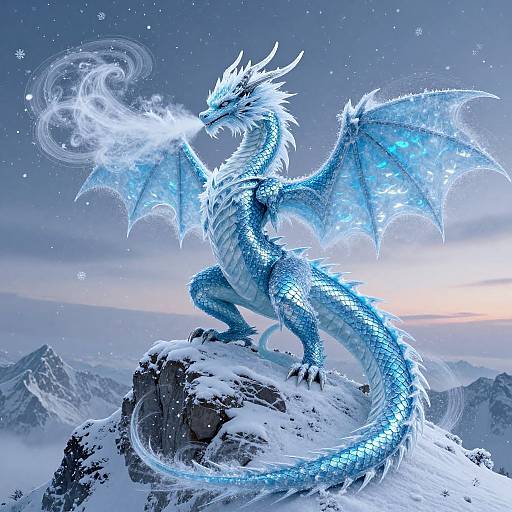 Digital art of a glowing blue, ice dragon with crystal wings and breath, standing on a snowy mountain peak at sunrise.