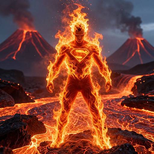 Photograph of Superboy engulfed in fiery flames, standing in a lava-filled volcanic landscape with two erupting volcanoes in the background.