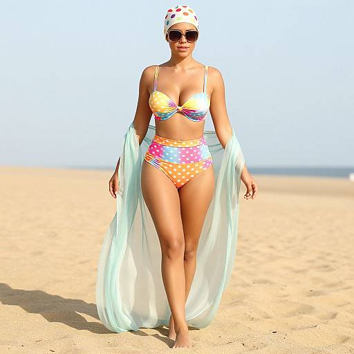 Photograph of a tan-skinned woman in colorful polka-dot bikini, white sheer wrap, and white cap with red dots, walking on a sunny